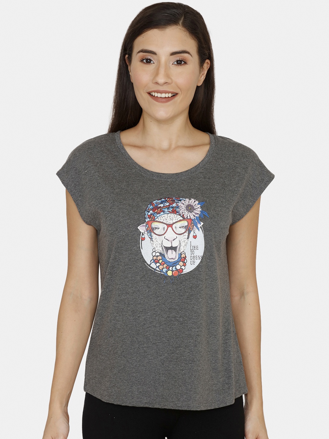 Zivame Women Grey Melange Printed Pure Cotton Top