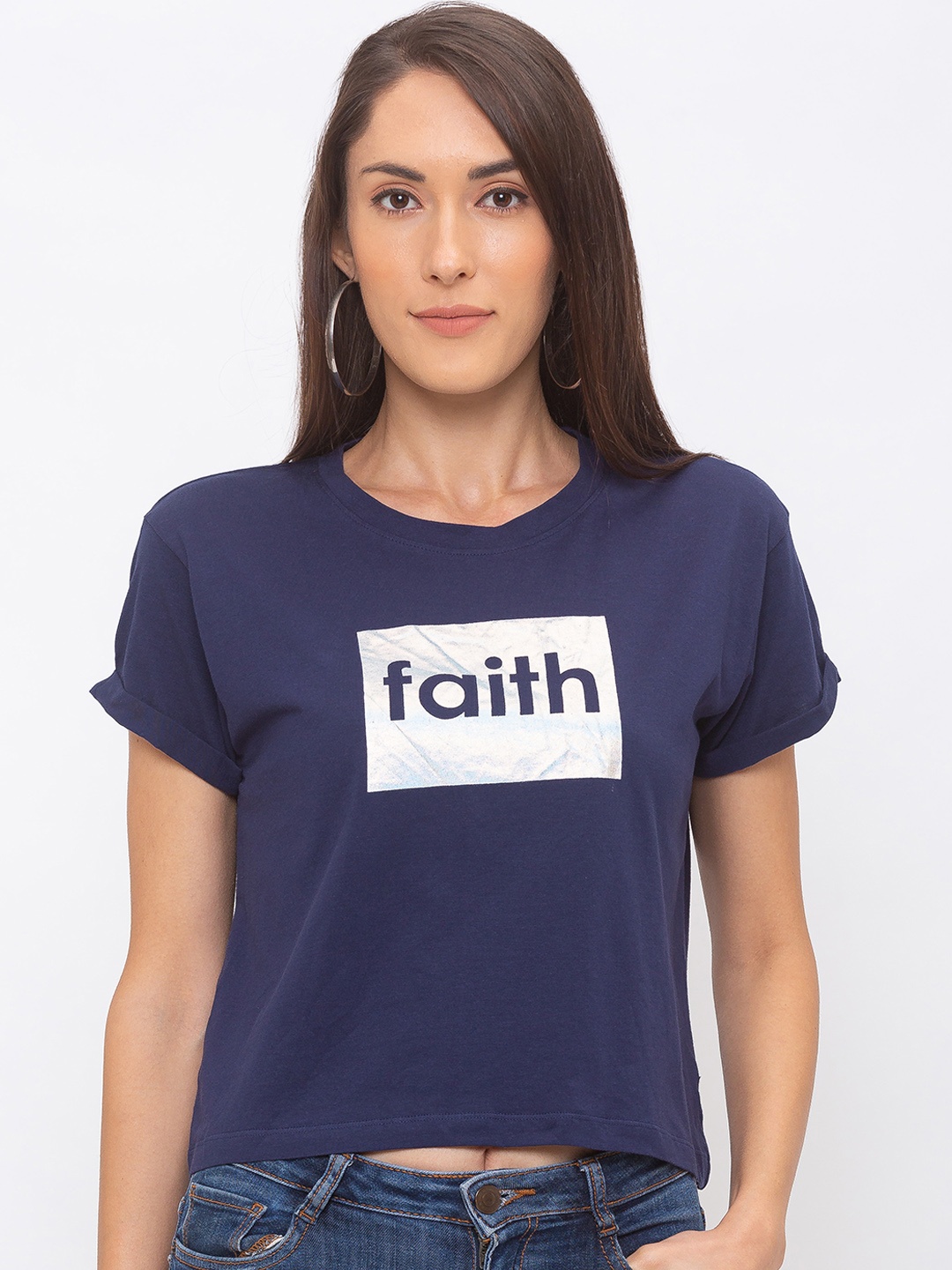 Globus Women Navy Blue & White Printed Round Neck Crop T-shirt