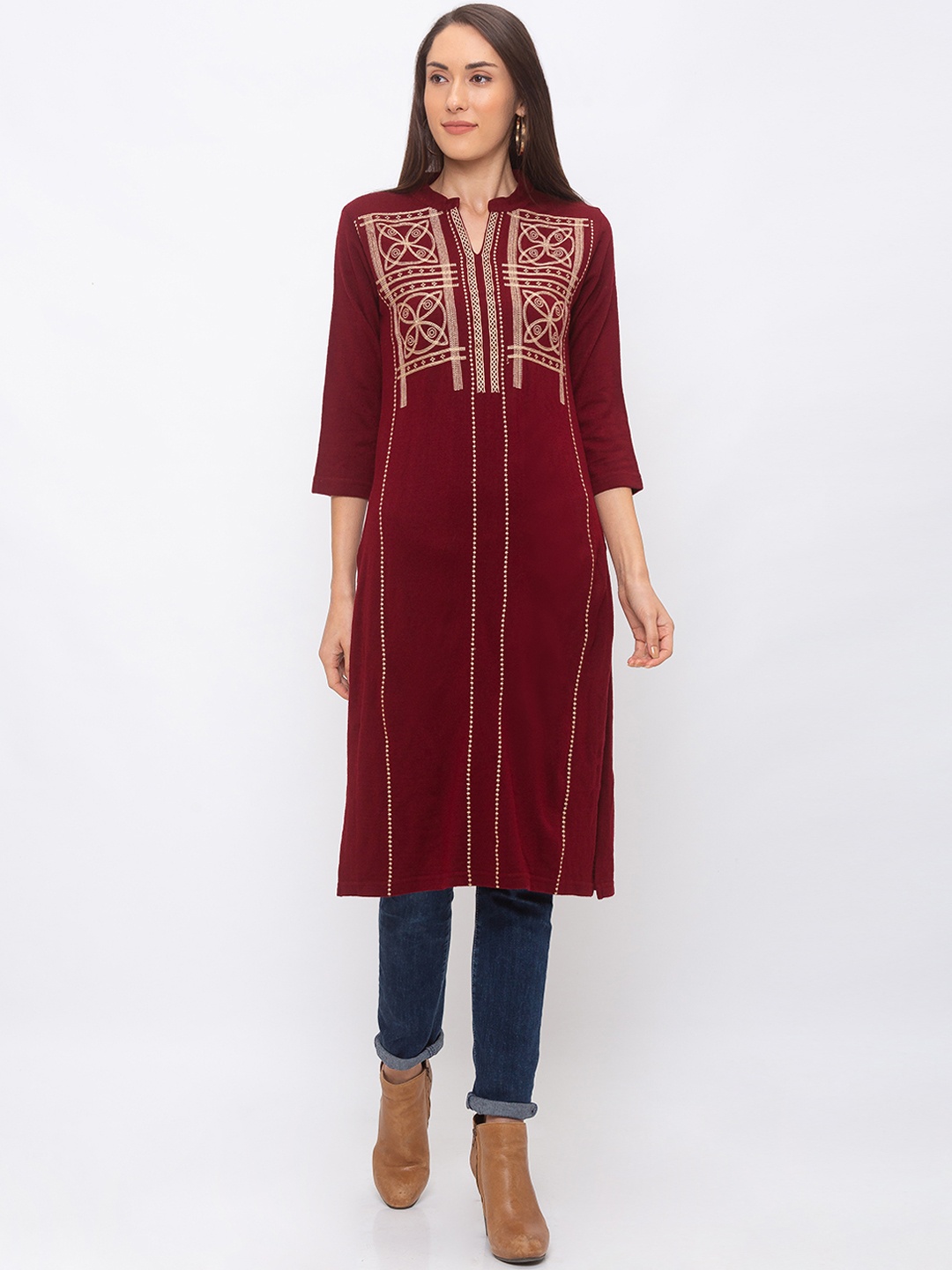 Globus Women Maroon Embroidered A-Line Kurta