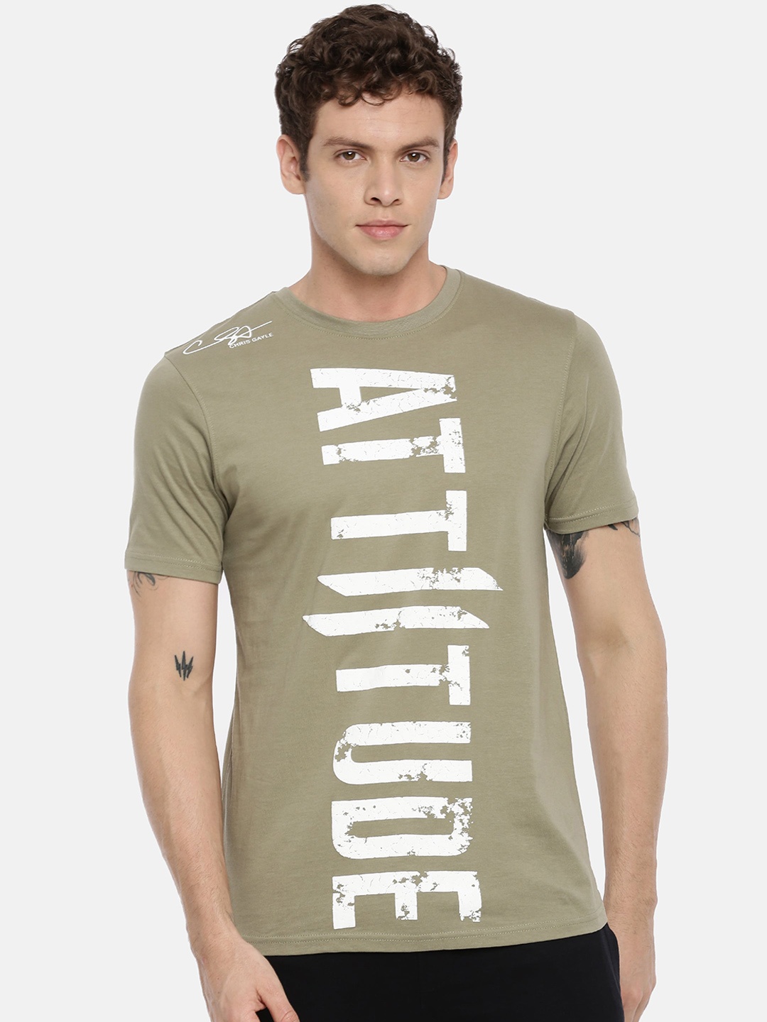 ATTIITUDE Men Olive Green & White Slim Fit Brand Logo Print Round Neck T-shirt