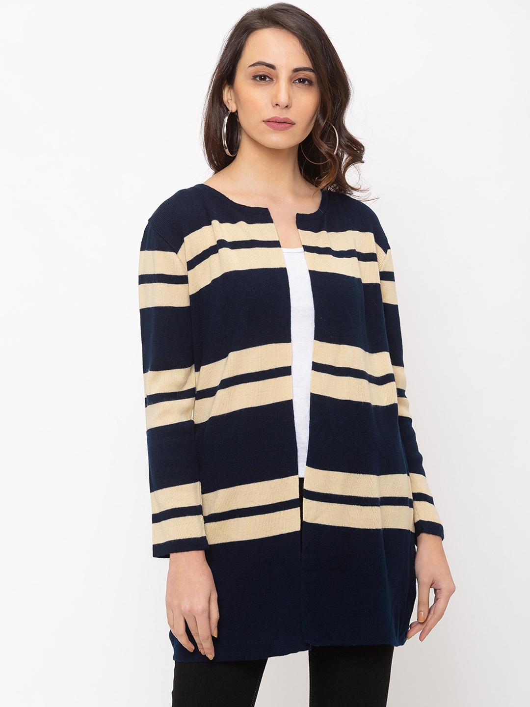 Globus Women Navy Blue & Yellow Striped Cardigan Sweater
