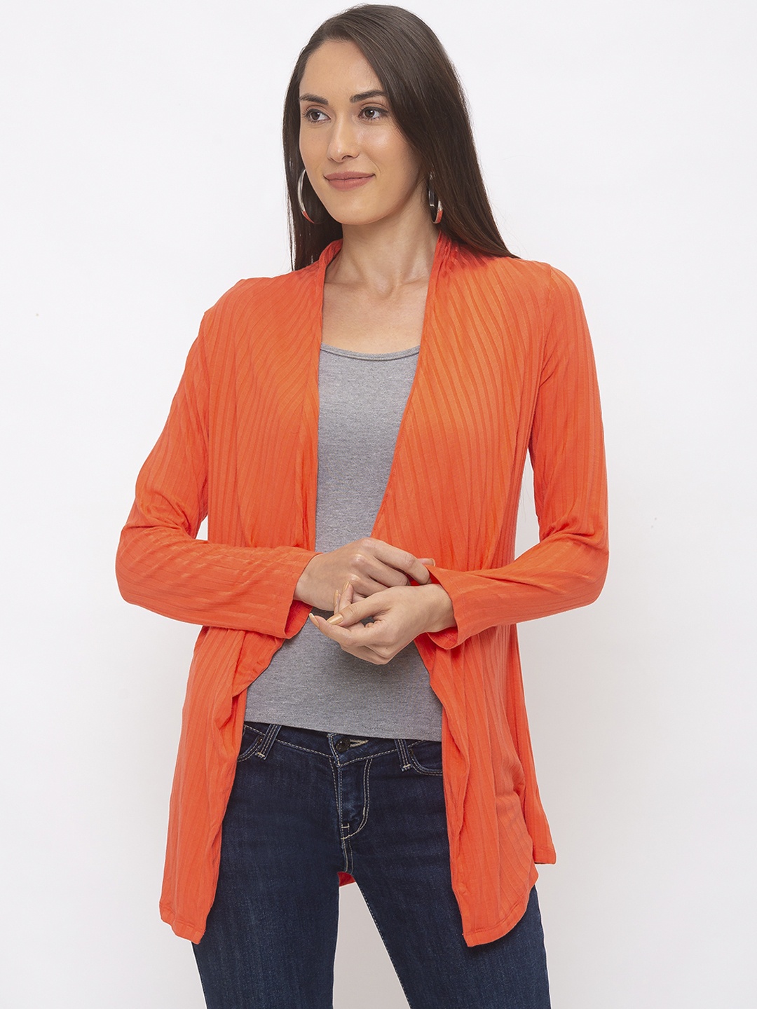 Globus Women Orange Solid Open Front Shrug
