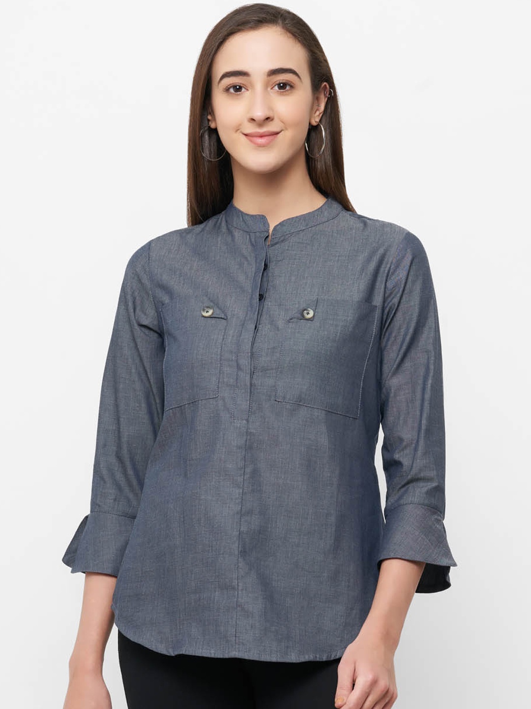 109F Women Navy Blue Regular Fit Solid Casual Shirt