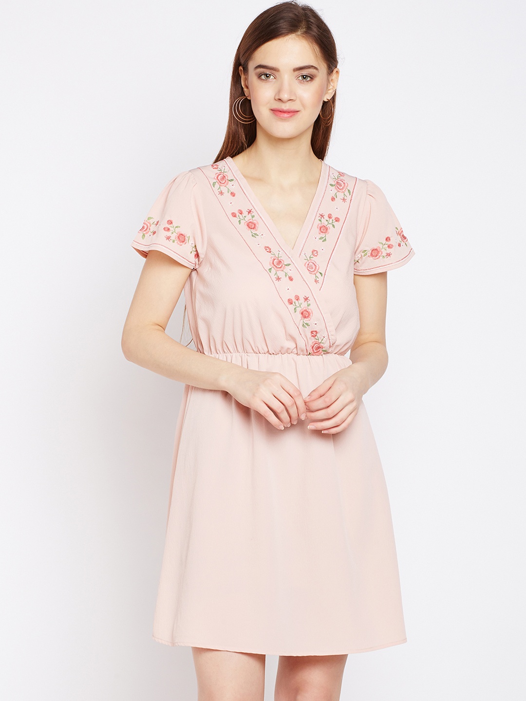 Oxolloxo Women Beige & Pink Floral Embroidered Fit and Flare Dress