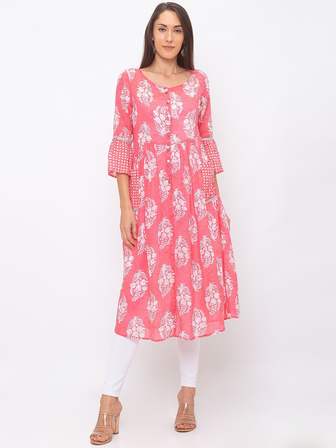 Globus Women Pink & White Floral Printed A-Line Kurta