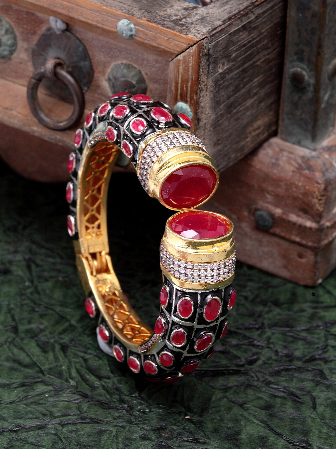 DUGRISTYLE Gold-Plated & Black AD & Ruby Studded Handcrafted Bangle