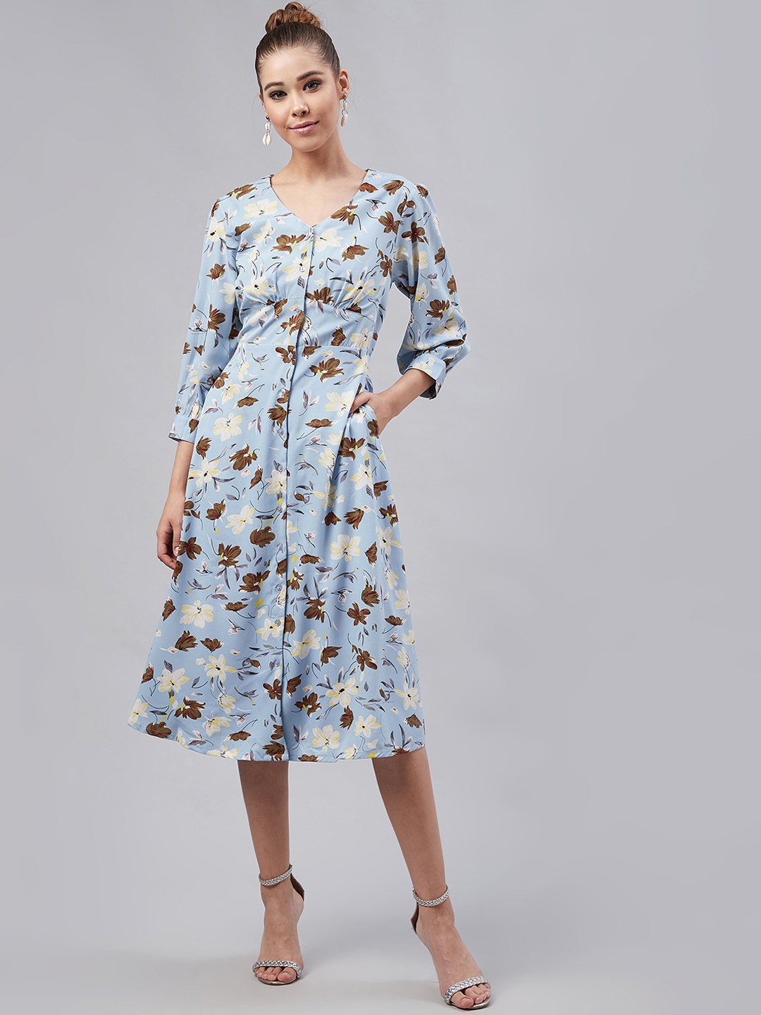 Marie Claire Women Blue & Brown Floral Printed Fit & Flare Dress