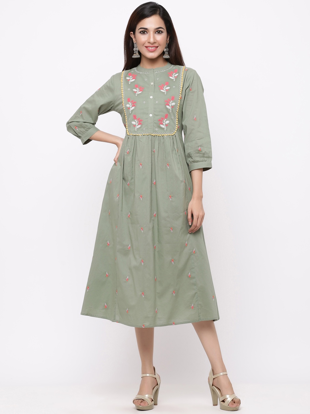 Juniper Women Olive Green Embroidered A-Line Dress