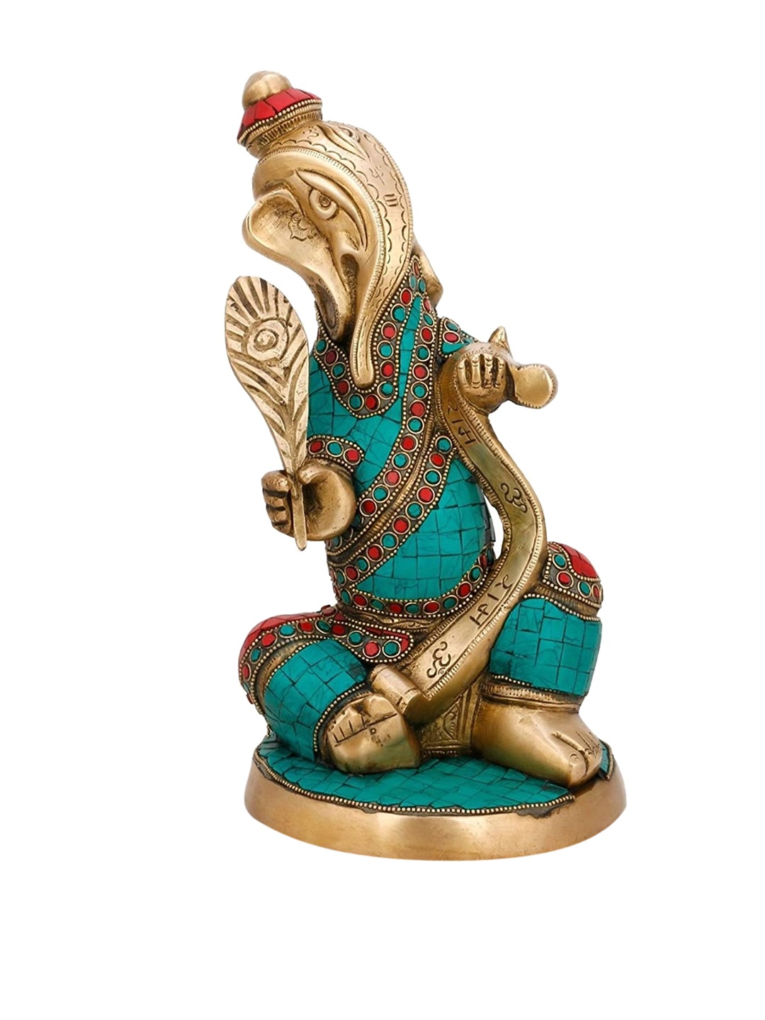 CraftVatika Gold-Toned & Green Lord Ganesha Writing Ramayana Idol Showpiece