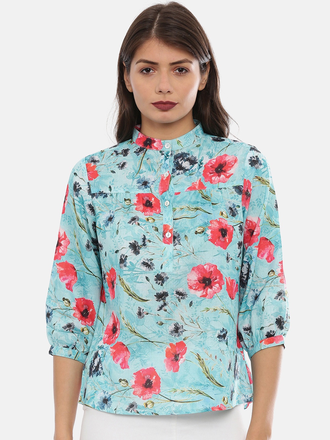 IDK Women Blue & Pink Printed Top