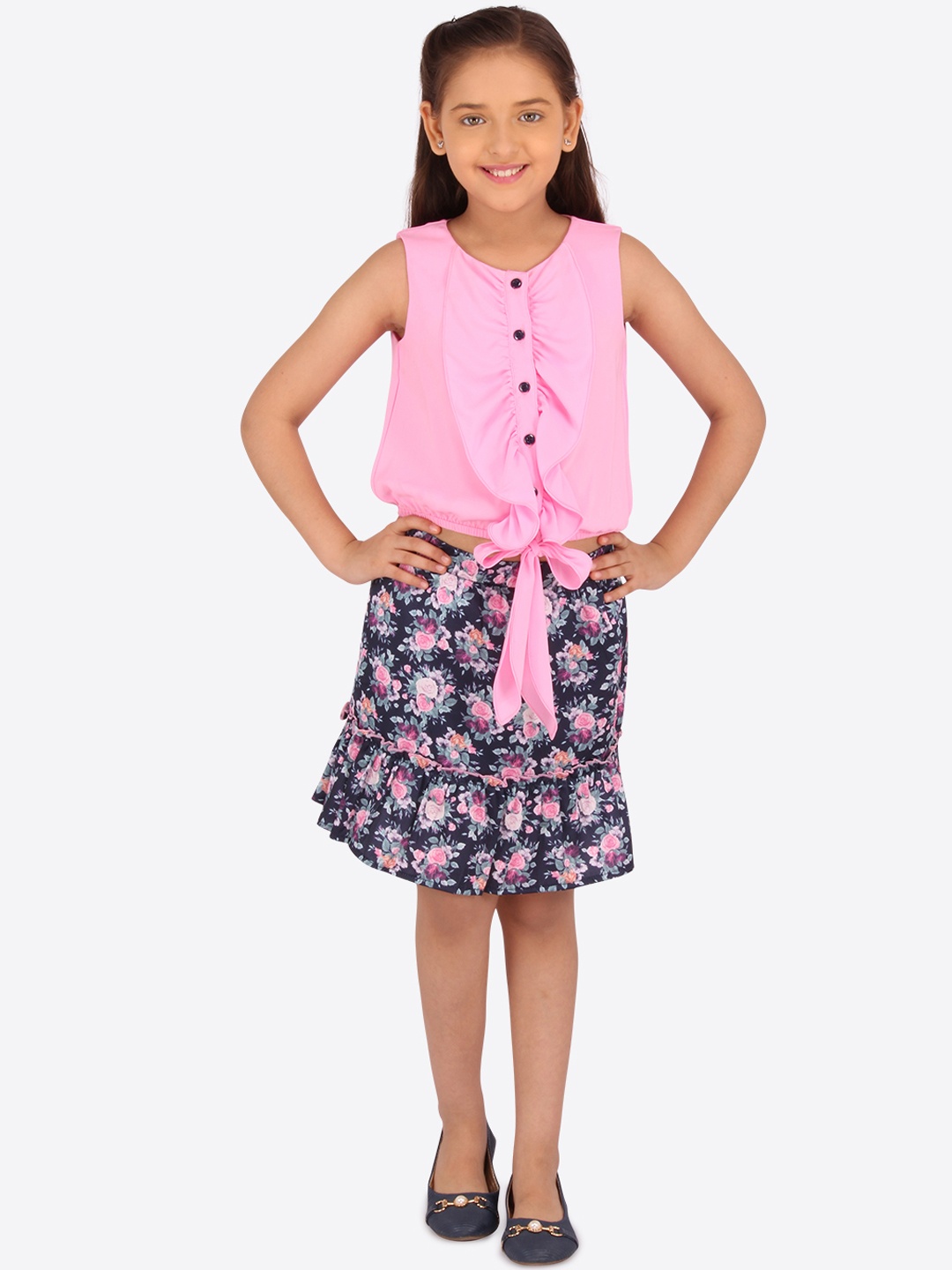 CUTECUMBER Girls Pink & Navy Blue Solid Top with Skirt