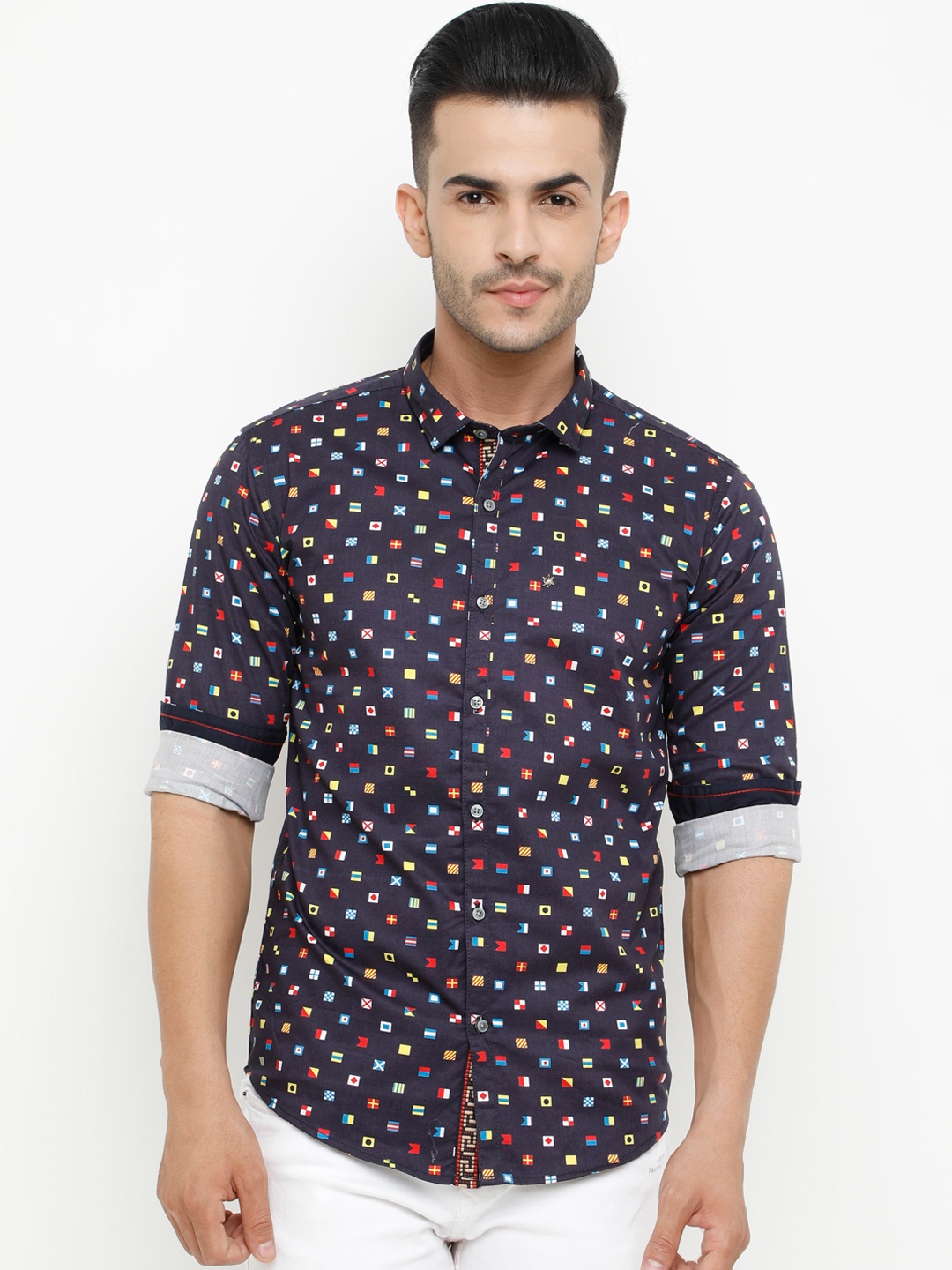 WITH Men Navy Blue Printed Regular Fit Casual Shirt