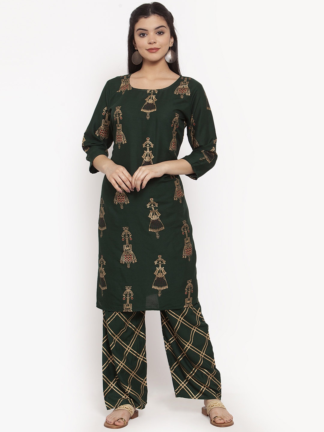 ANAISA Women Green & Gold Printed Kurta with Palazzos