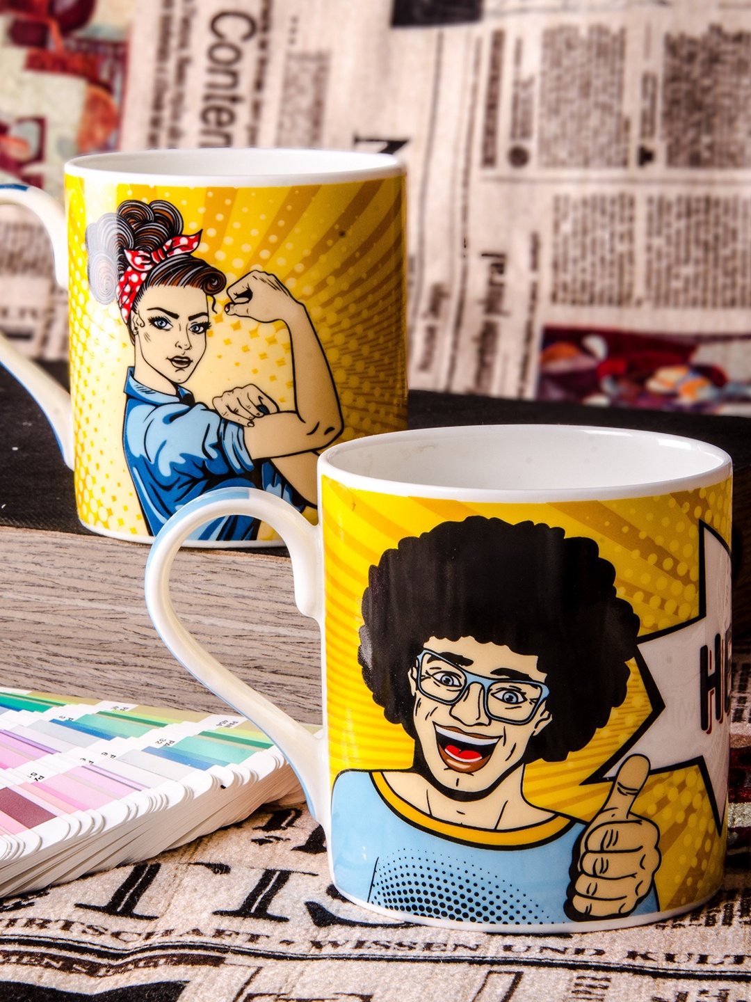 GOODHOMES Yellow & Black 2-Pieces Printed Bone China Mug Set