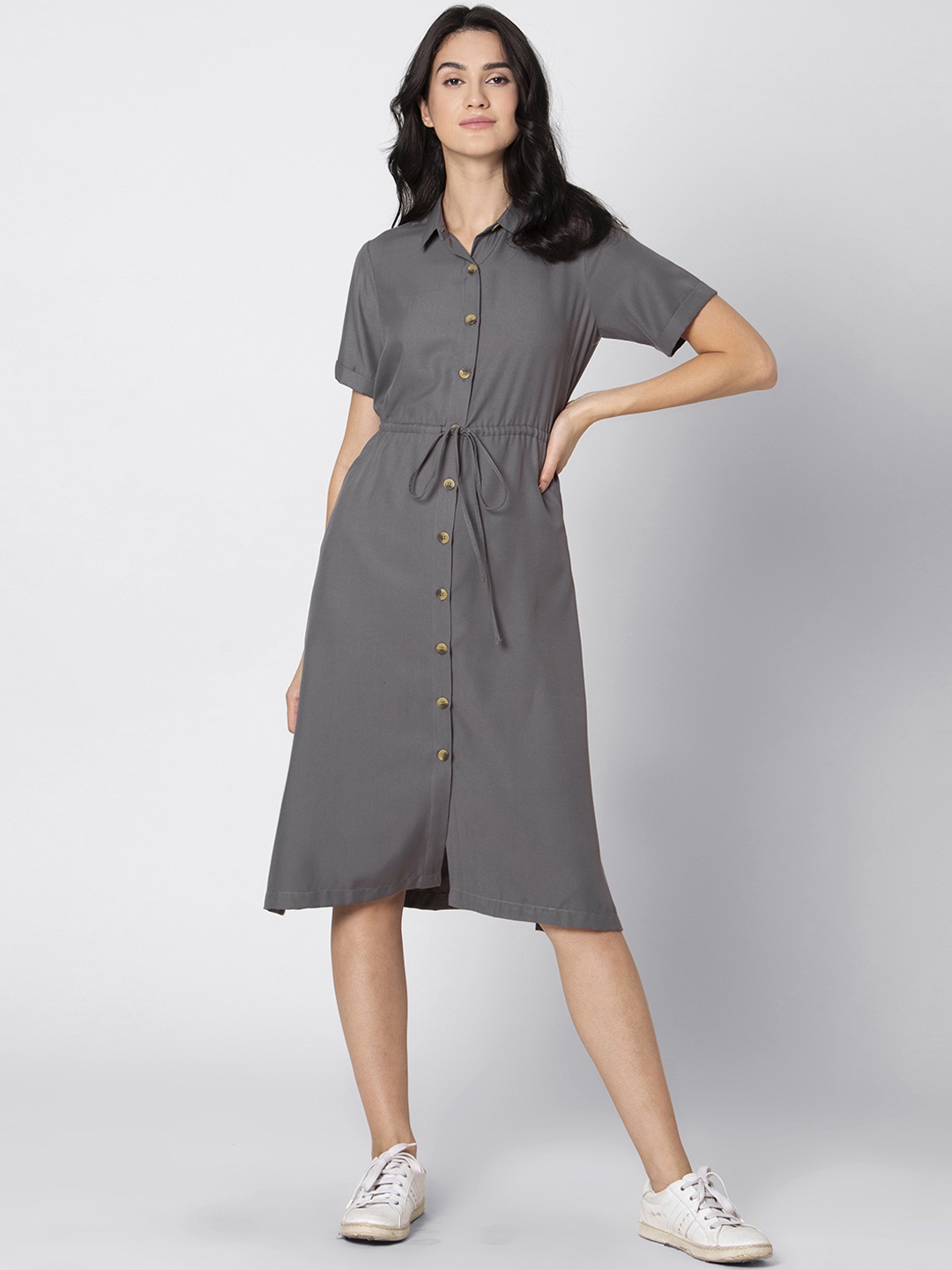 FabAlley Women Grey Solid Shirt Dress