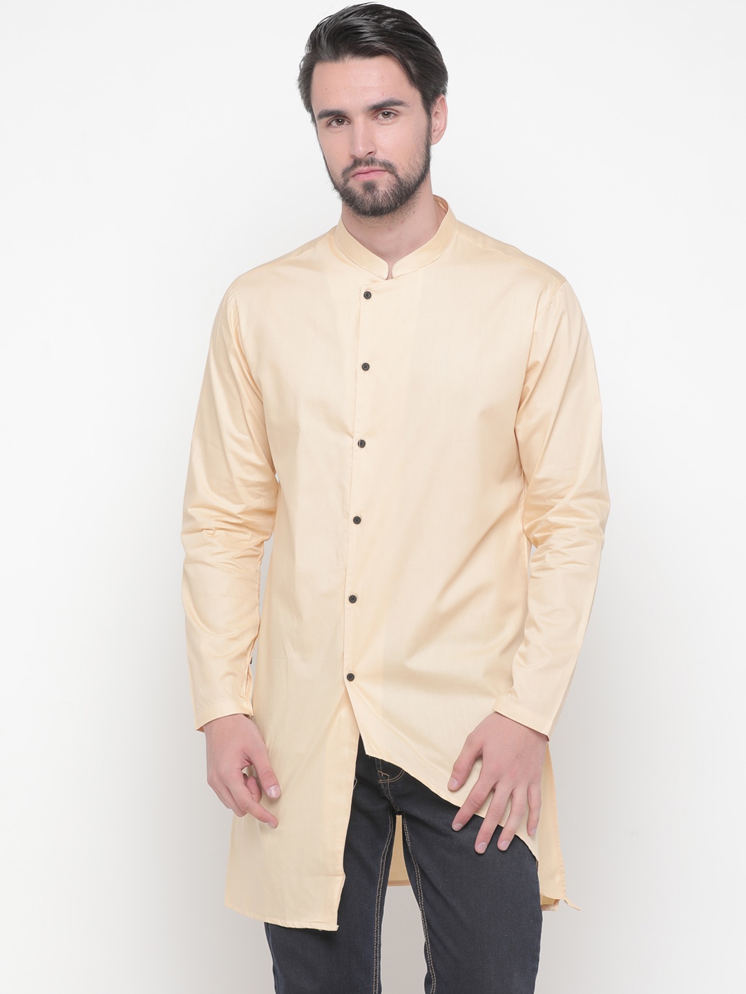 SHOWOFF Men Yellow Solid Straight Kurta