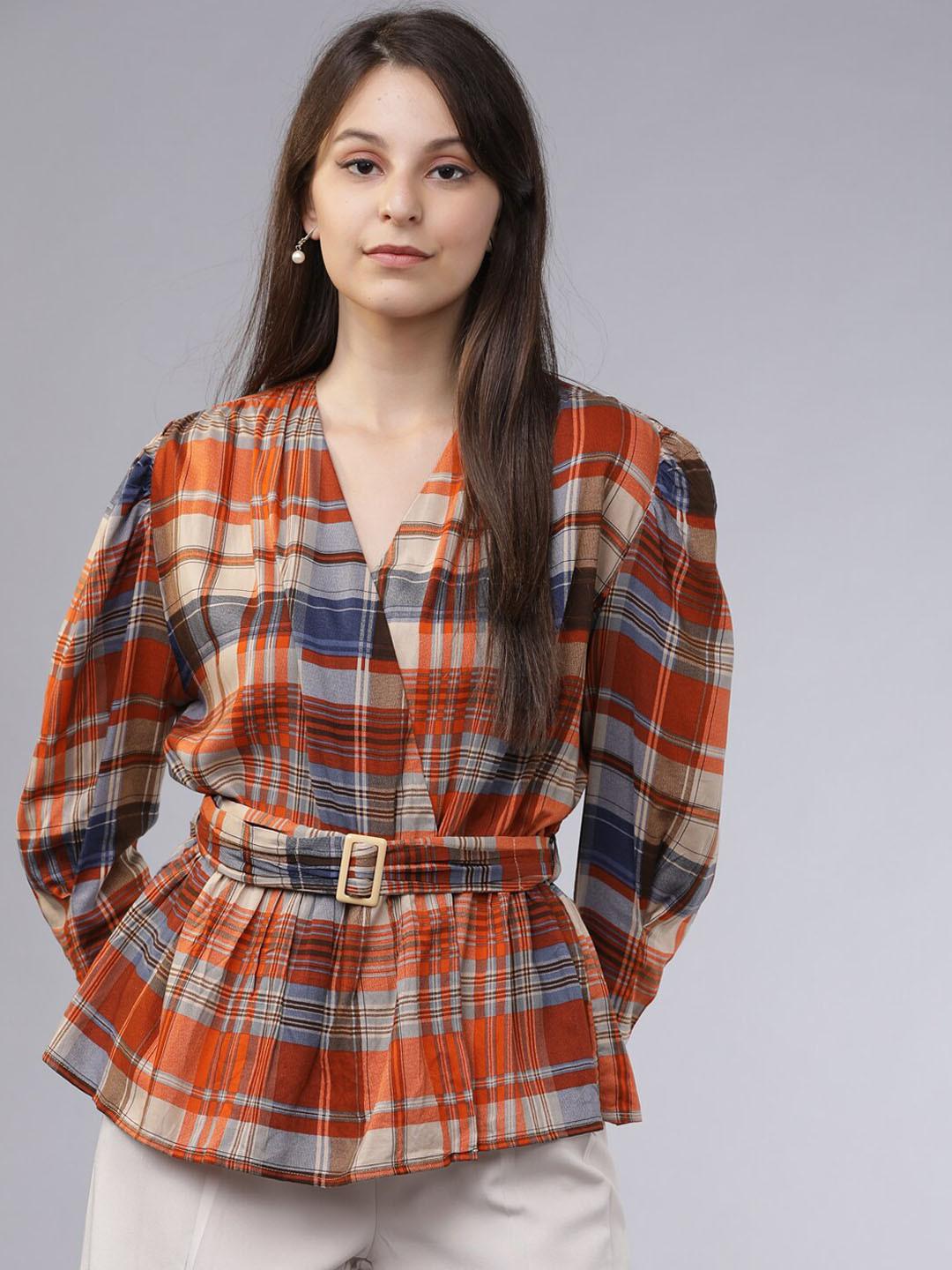 Tokyo Talkies Women Beige & Navy Blue Checked Top 
Tokyo Talkies Women Beige & Navy Blue Checked Top