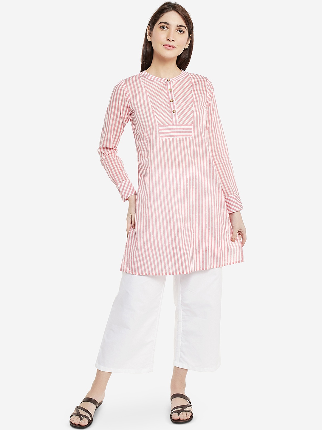 Desi Weavess Women White & Pink Striped A-Line Kurta