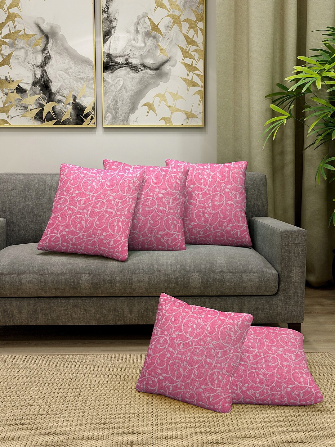 KLOTTHE Pink & White Set of 5 Floral Square Cushion Covers