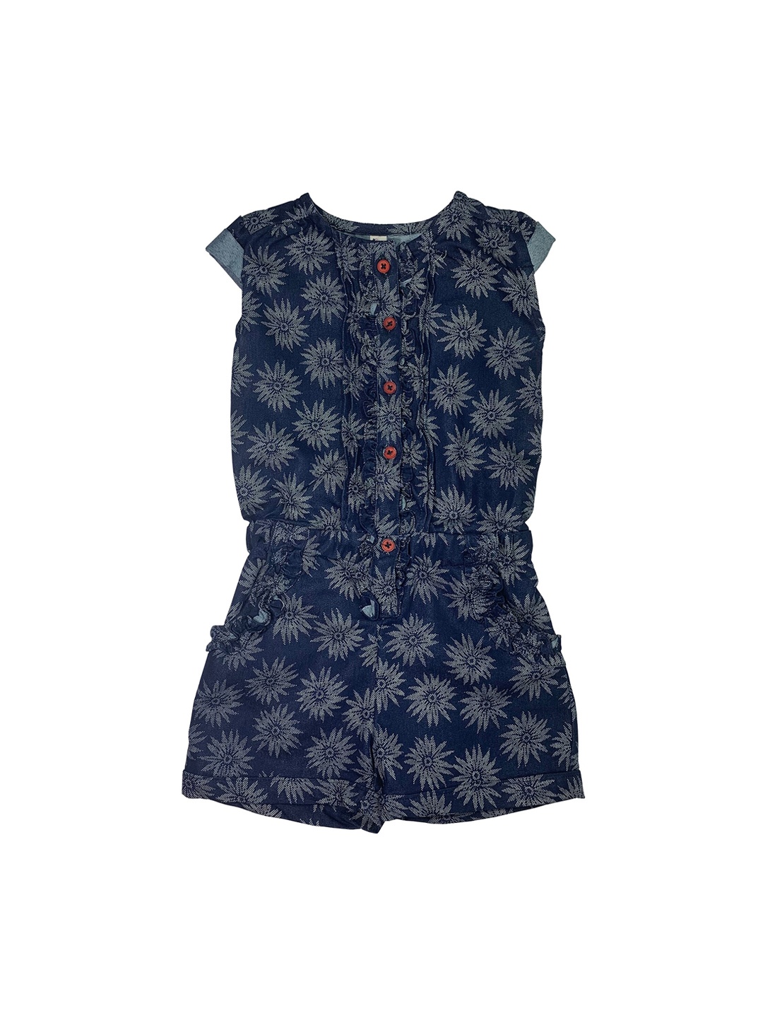KiddoPanti Girls Blue & Grey Floral Print Playsuit