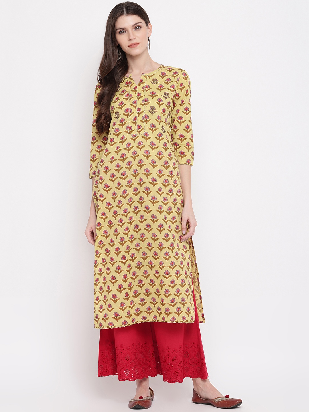 Vbuyz Women Yellow & Red Printed Straight Kurta