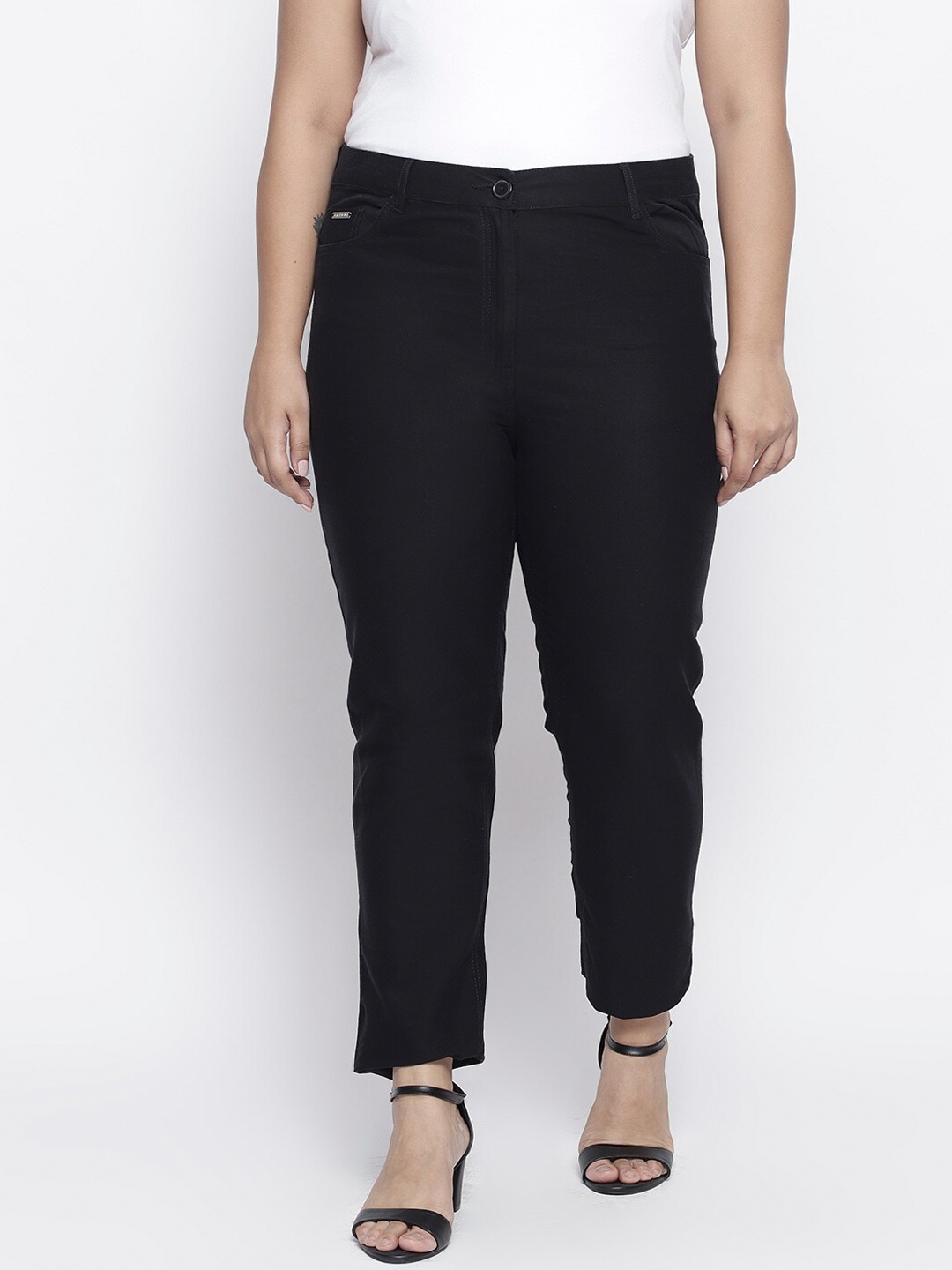 Amydus Women Plus Size Black Solid Regular Trousers