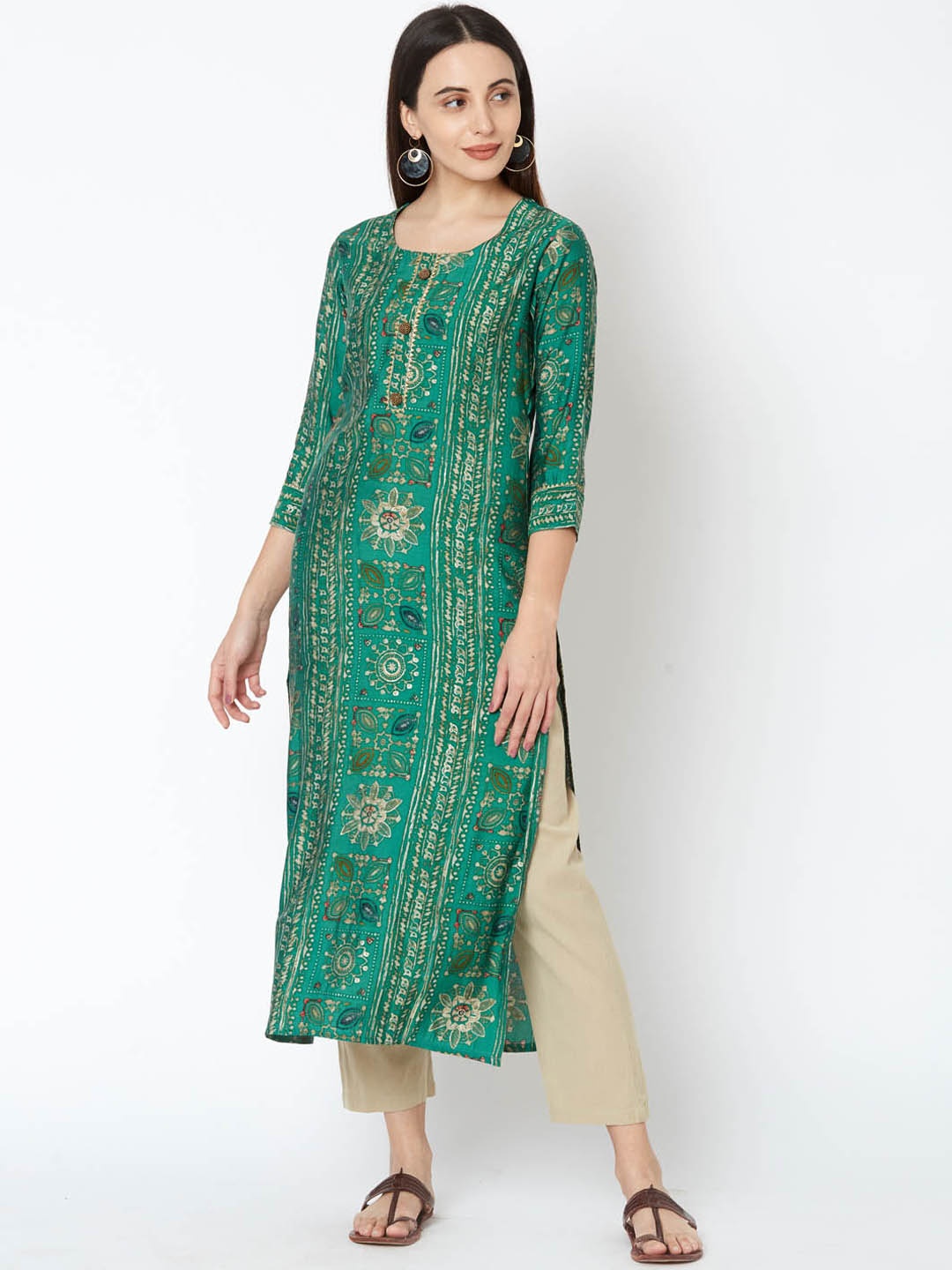 FASHOR Women Green Floral Print Straight Kurta
