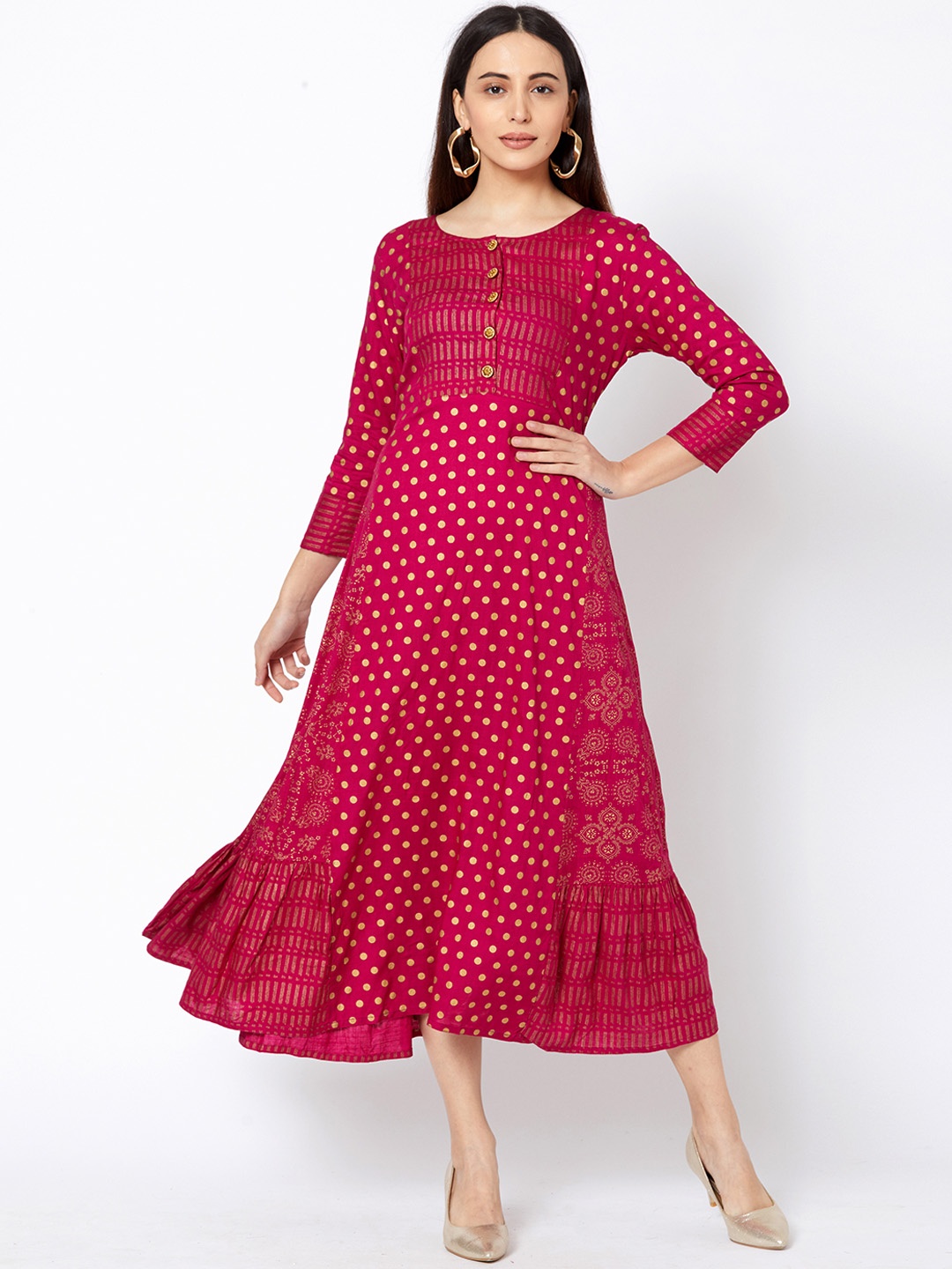 FASHOR Women Pink Foil Printed Printed A-Line Kurta