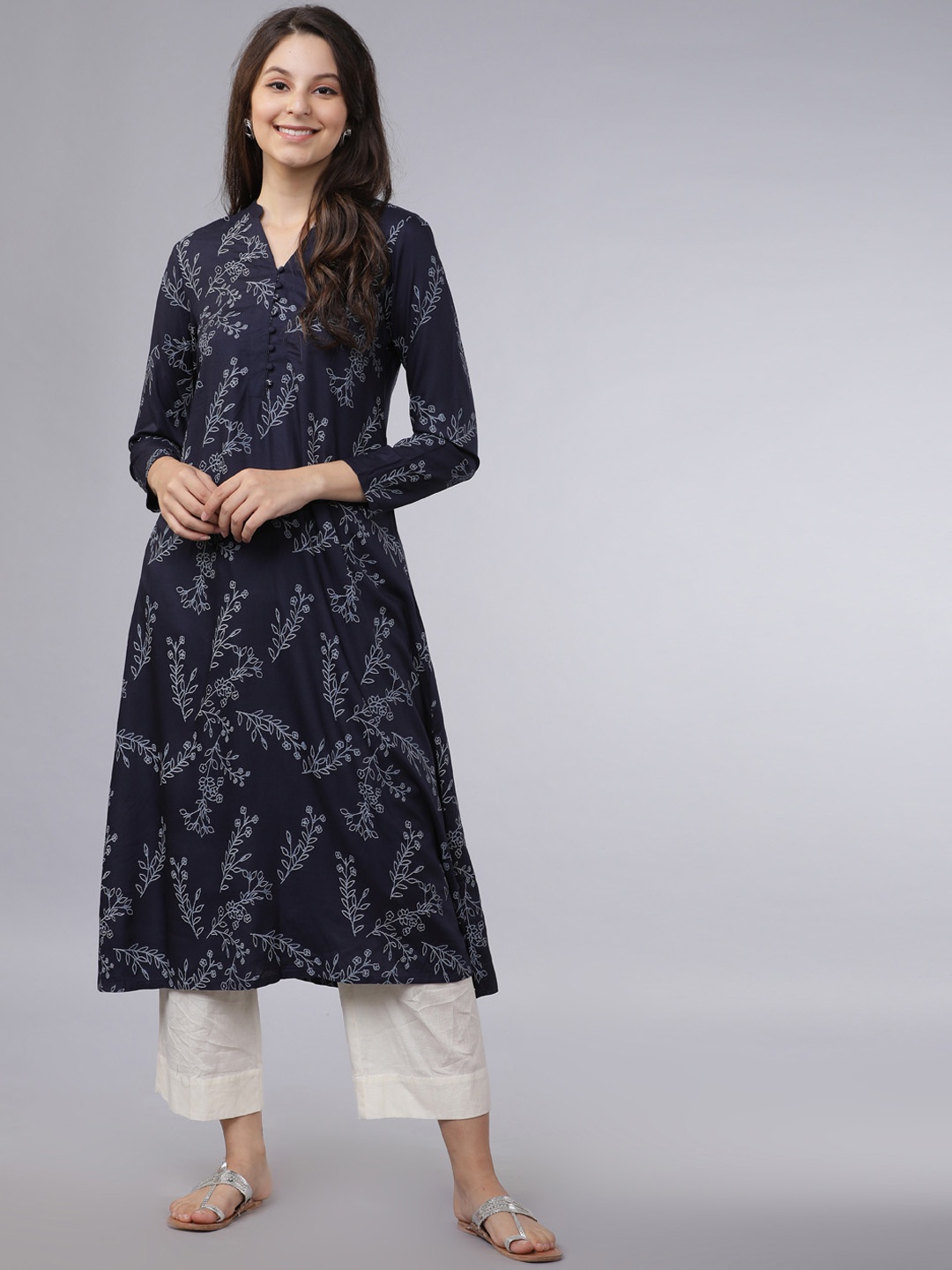 Vishudh Women Navy Blue Printed A-Line Kurta
