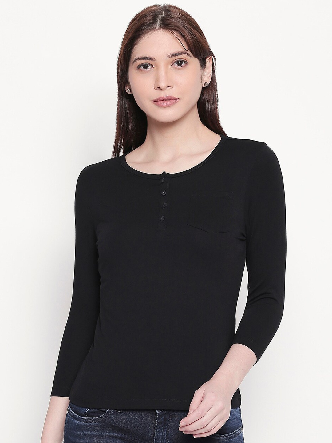 SPYKAR Women Black Solid Henley Neck T-shirt