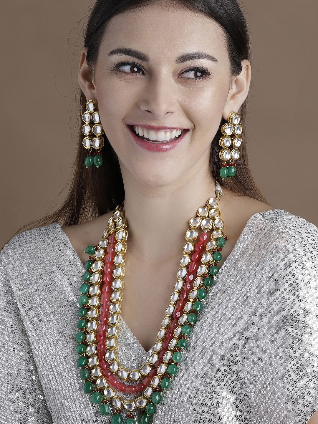 Rubans 22K Gold-Plated Red & Green Kundan-Studded Handcrafted Multi-Layered Necklace Set
Rubans 22K Gold-Plated Red & Green Kundan-Studded Handcrafted Multi-Layered Necklace Set