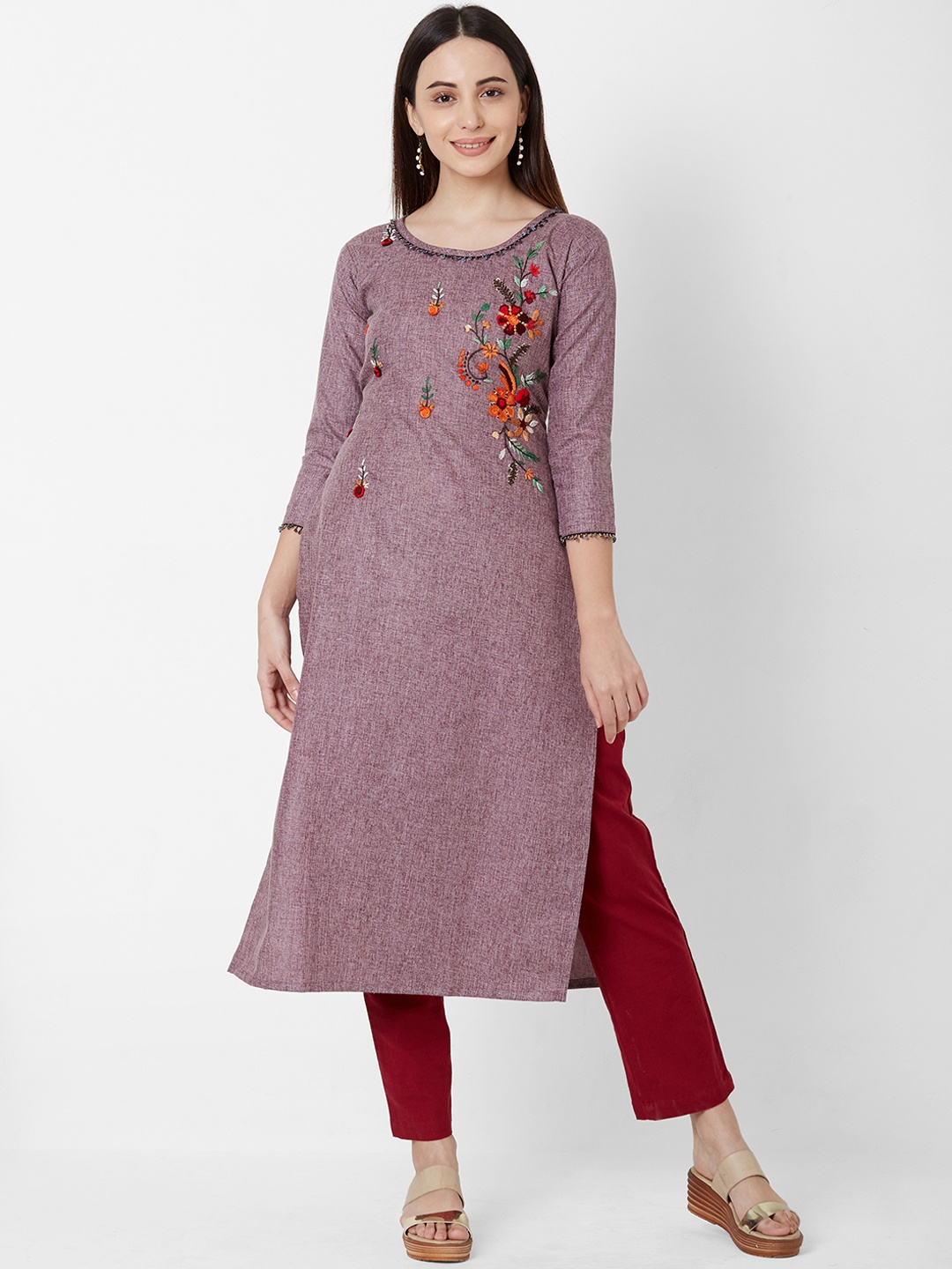 FASHOR Women Purple Embroidered A-Line Kurta