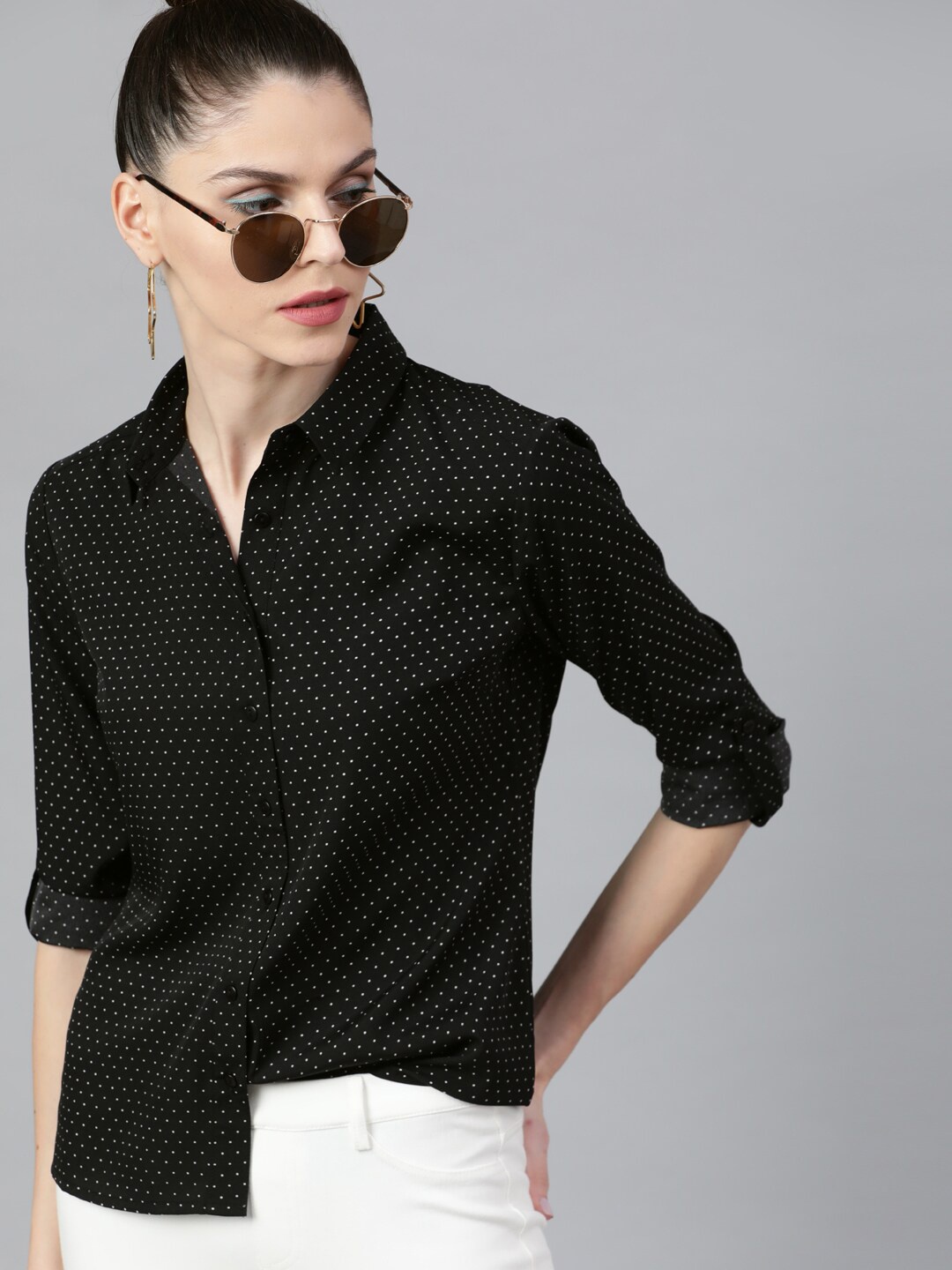 STREET 9 Women Black Regular Fit Polka Dots Printed Casual Shirt