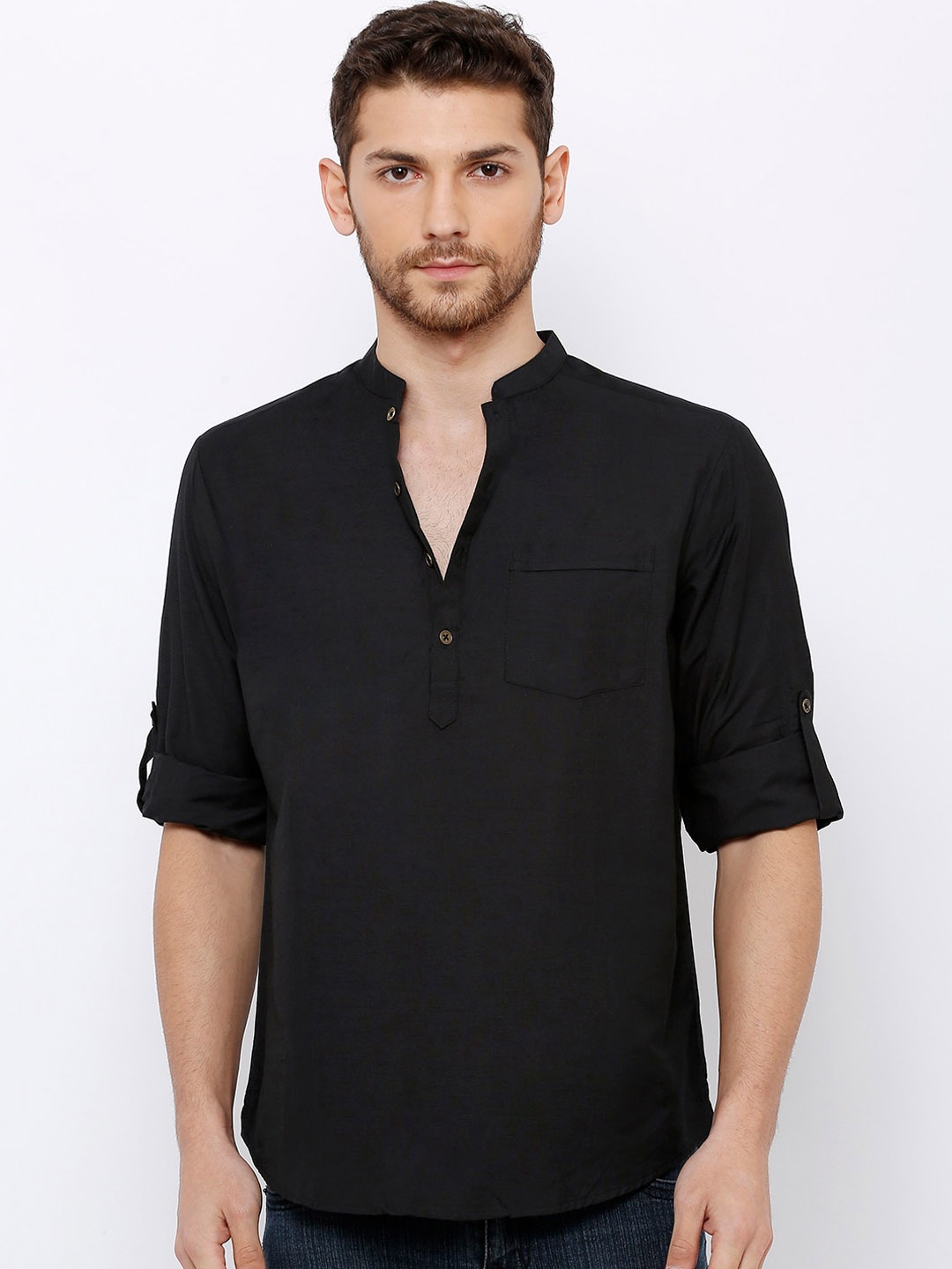 SALWAR STUDIO Men Black Solid Straight Handloom Kurta