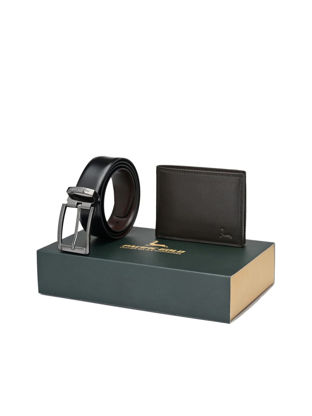 Pacific Gold Men Black & Brown Genuine Leather Accessory Gift Set