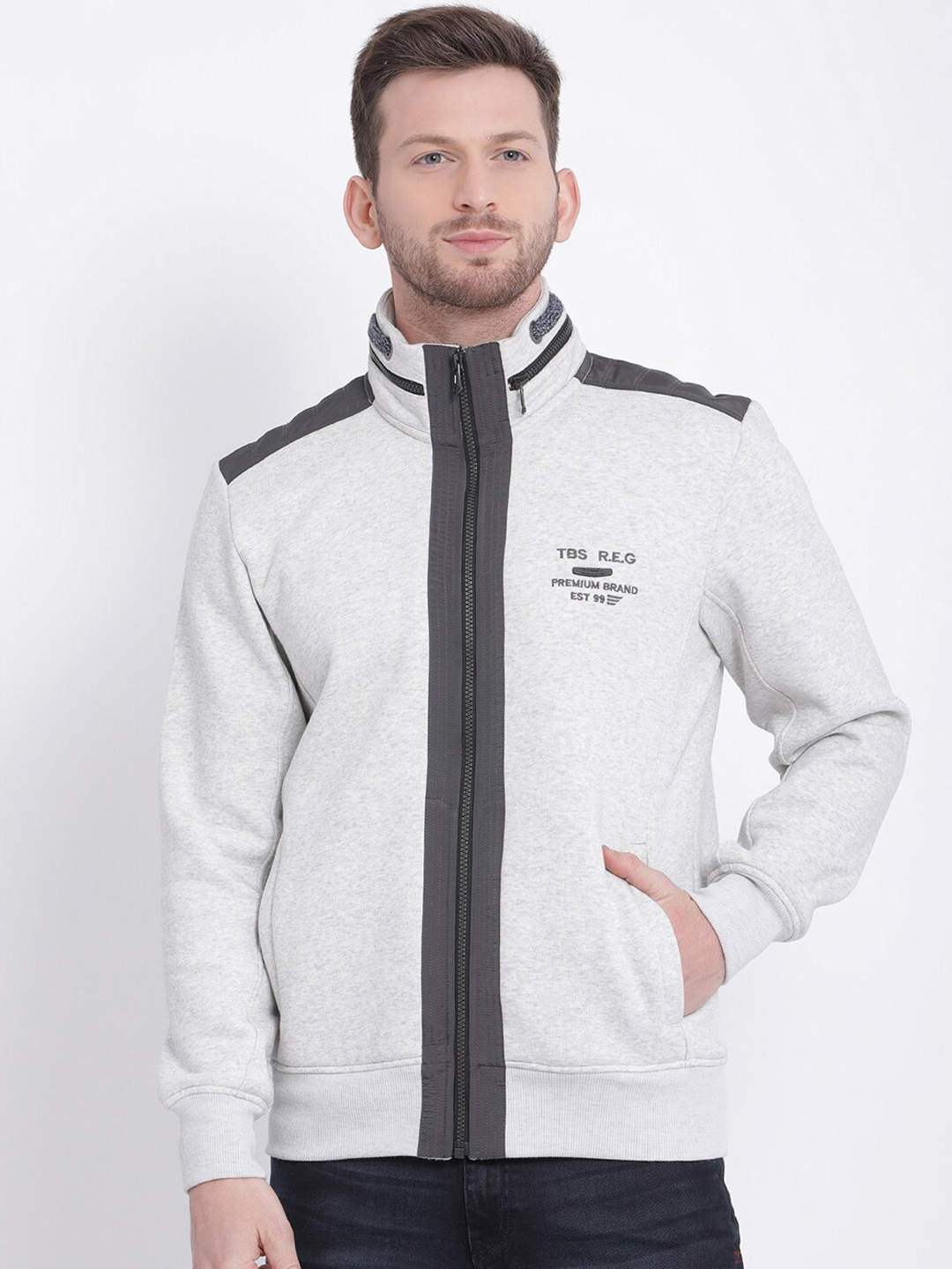 t-base Men Grey Melange Printed Sweatshirt