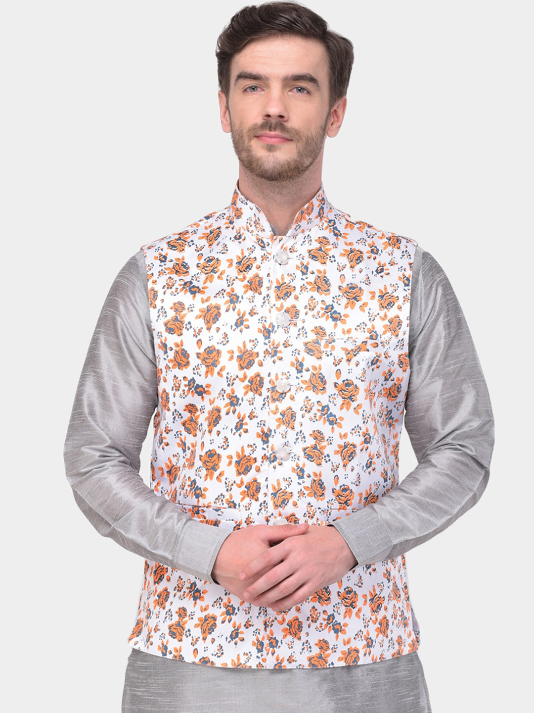 SG LEMAN Men White & Orange Floral Printed Satin Nehru Jacket 
SG LEMAN Men White & Orange Floral Printed Satin Nehru Jacket