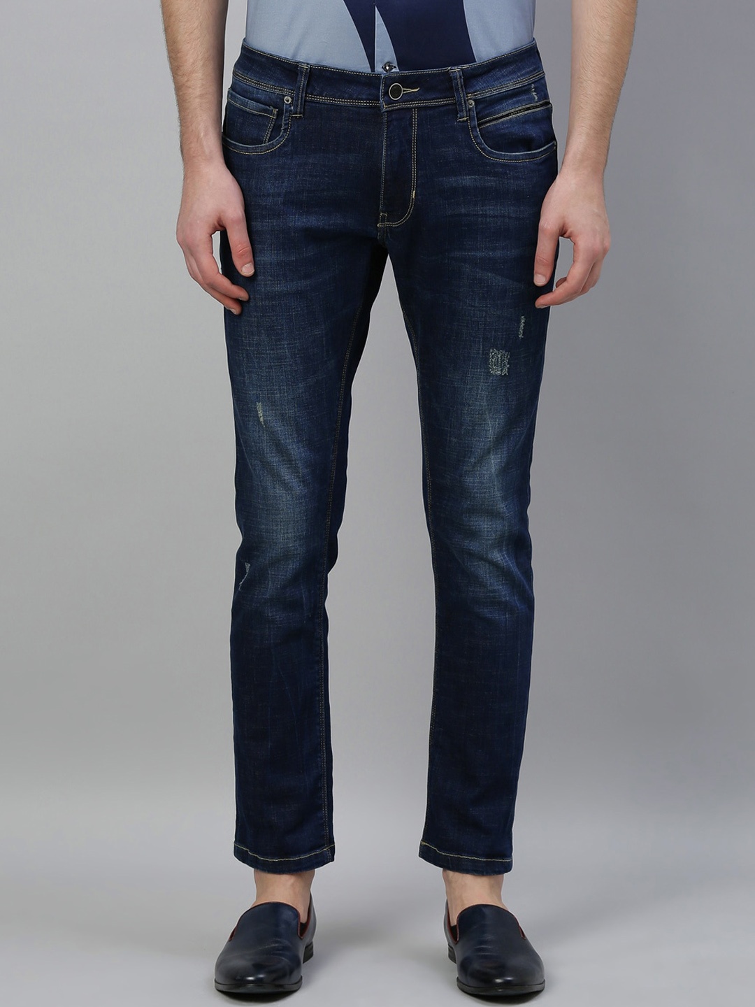 RARE RABBIT Men Navy Blue Slim Fit Mid-Rise Low Distress Jeans