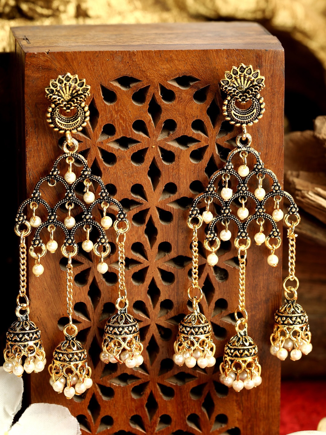 ANIKAS CREATION Black Gold-Plated Classic Drop Earrings
