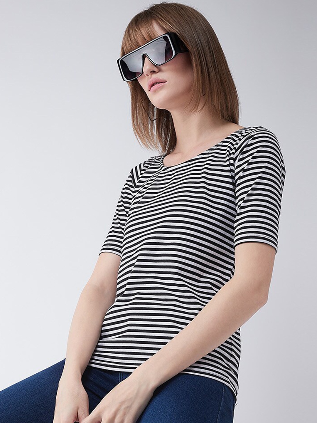 Miss Chase Women Black & White Striped Round Neck T-shirt