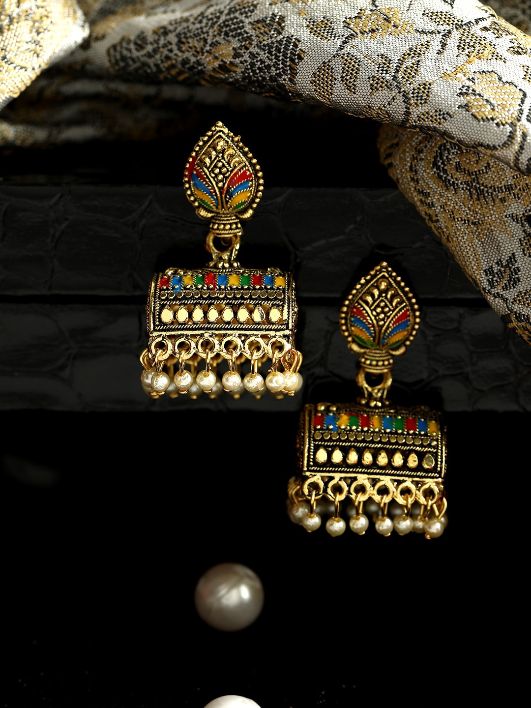 ANIKAS CREATION Multicoloured Geometric Meenakari Jhumkas, Multi