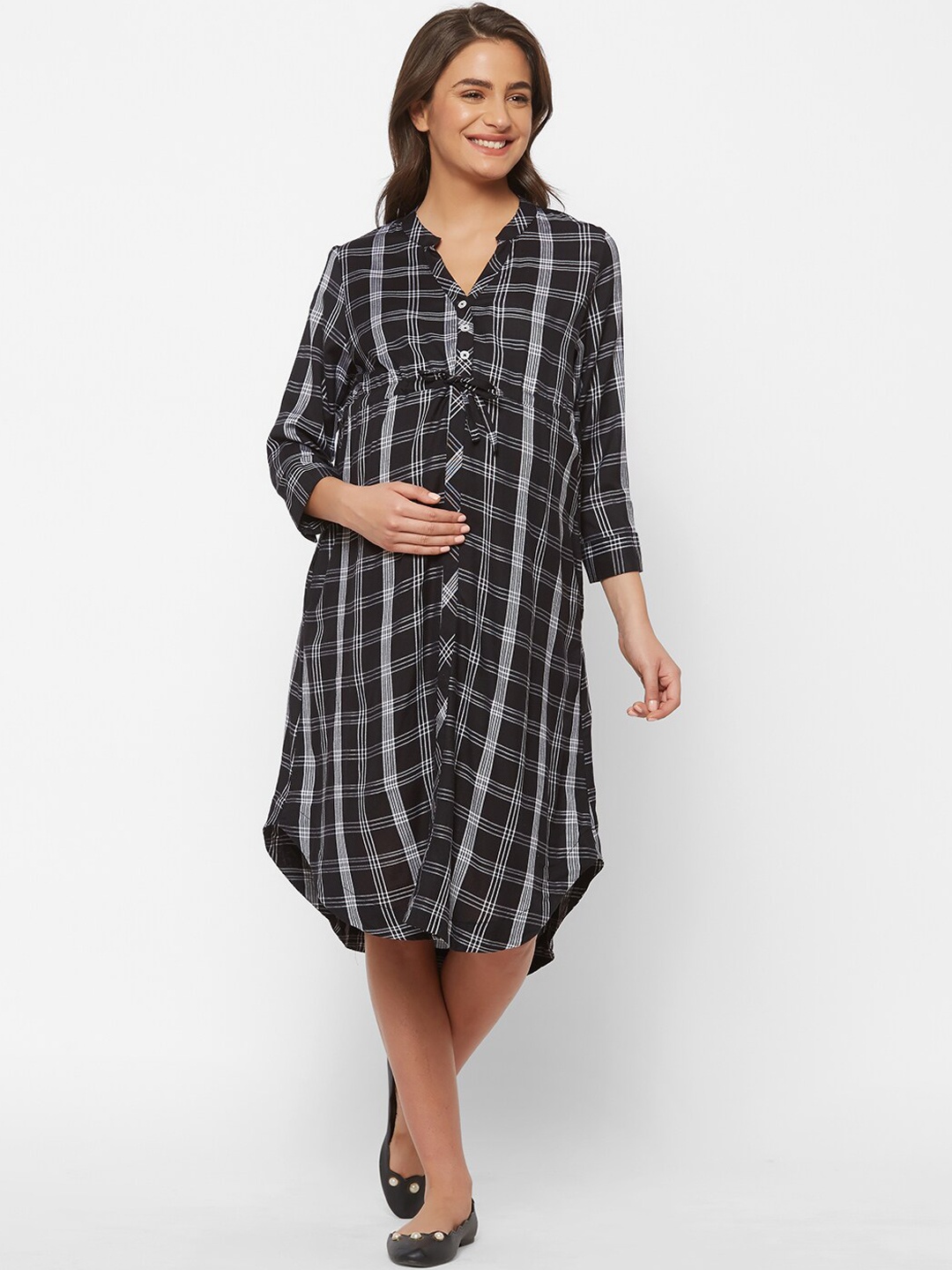 Mystere Paris Women Black & White Checked Maternity A-Line Dress