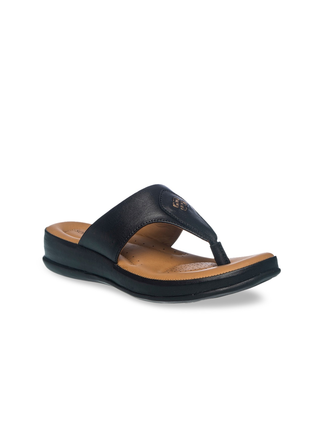 Khadims Women Black Solid Leather T-Strap Flats