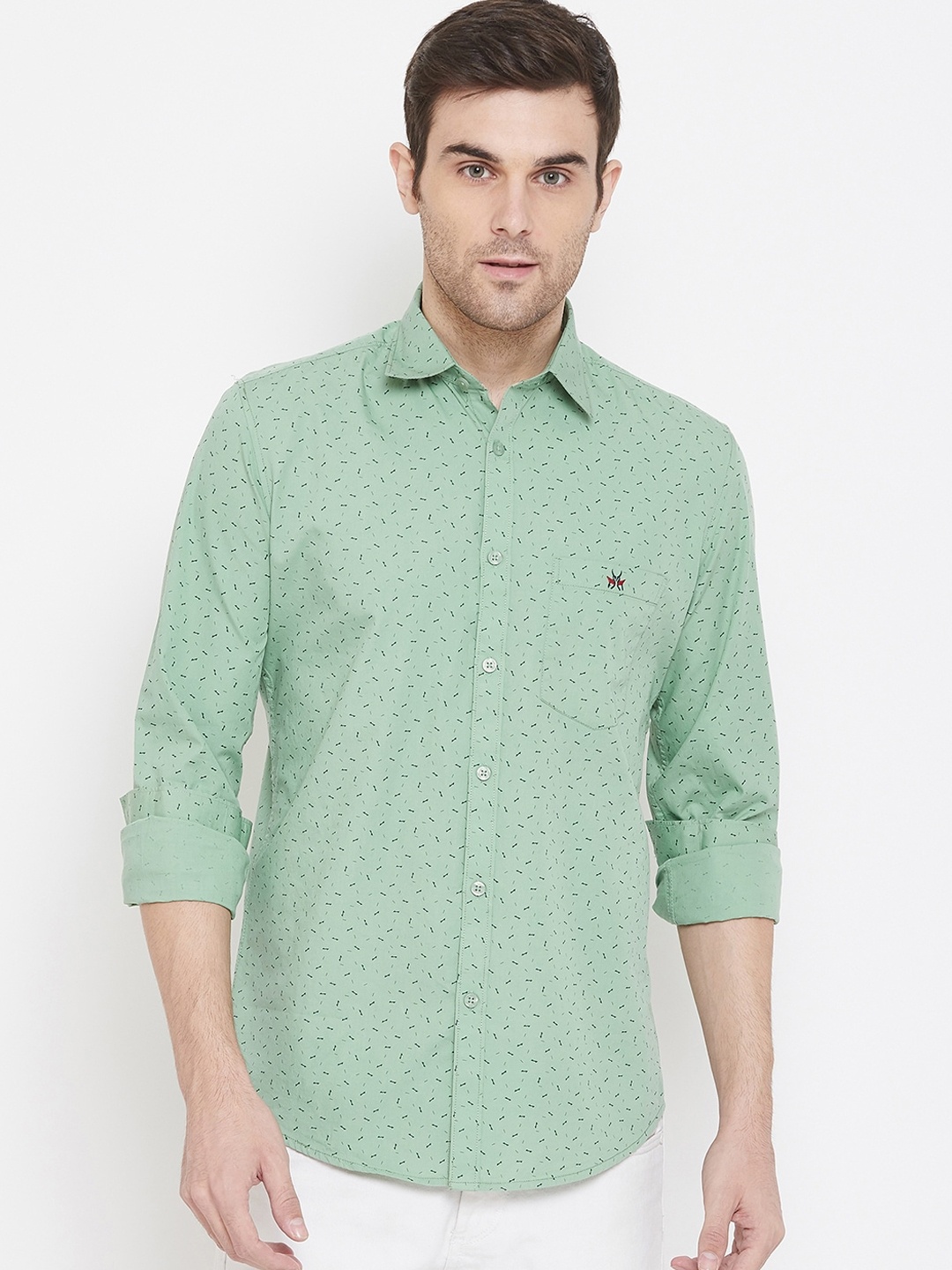 Crimsoune Club Men Sea Green Standard Slim Fit Printed Casual Shirt