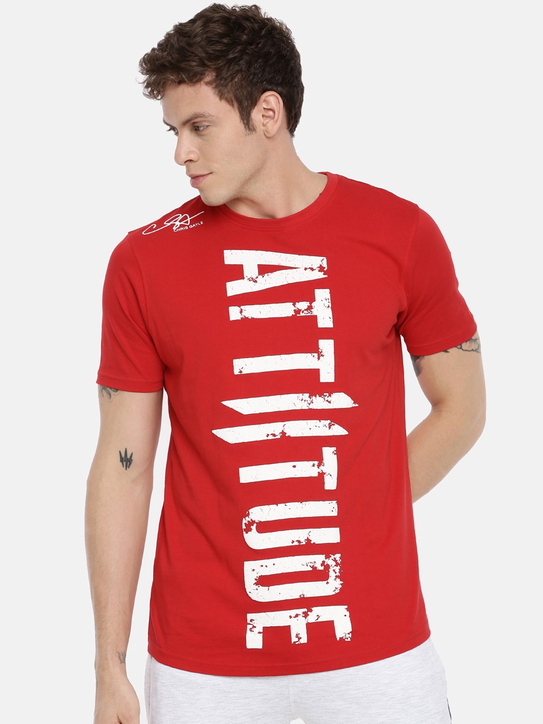 ATTIITUDE Men Red White Printed Round Neck Pure Cotton T-shirt