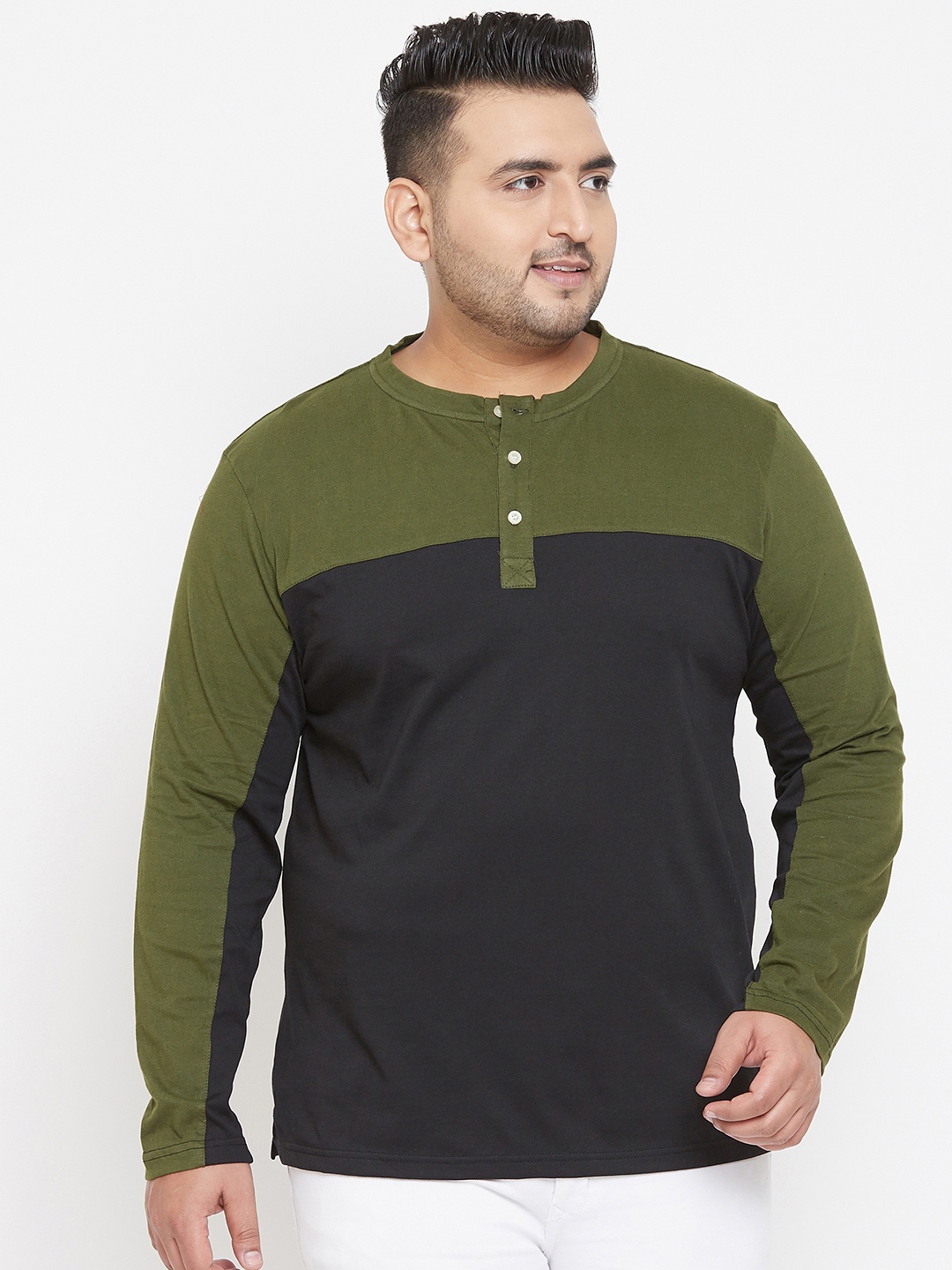 bigbanana Plus Size Men Black Olive Green Colourblocked Henley Neck Pure Cotton T-shirt
bigbanana Plus Size Men Black Olive Green Colourblocked Henley Neck Pure Cotton T-shirt