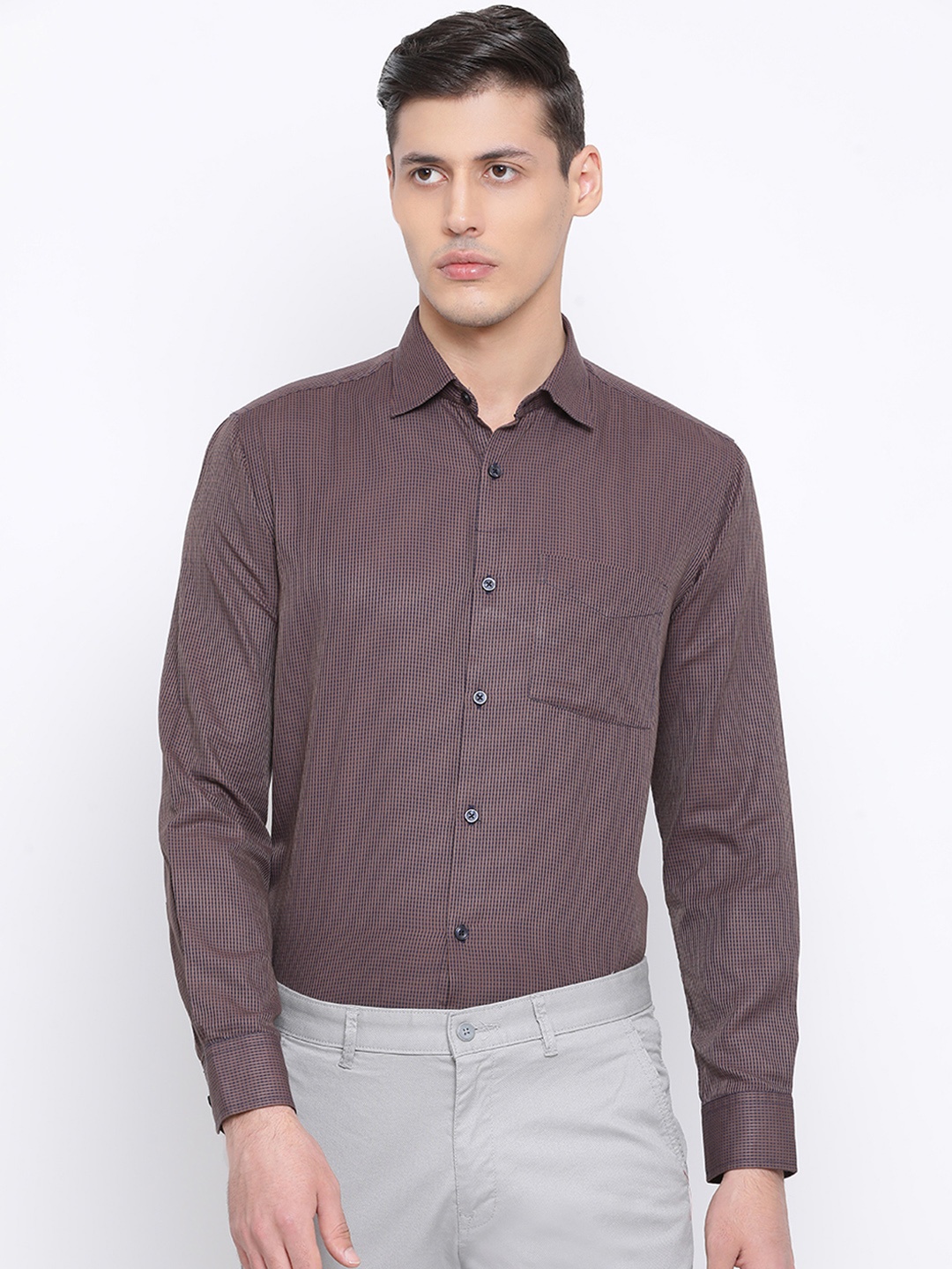 Richlook Men Brown Slim Fit Checked Formal Shirt