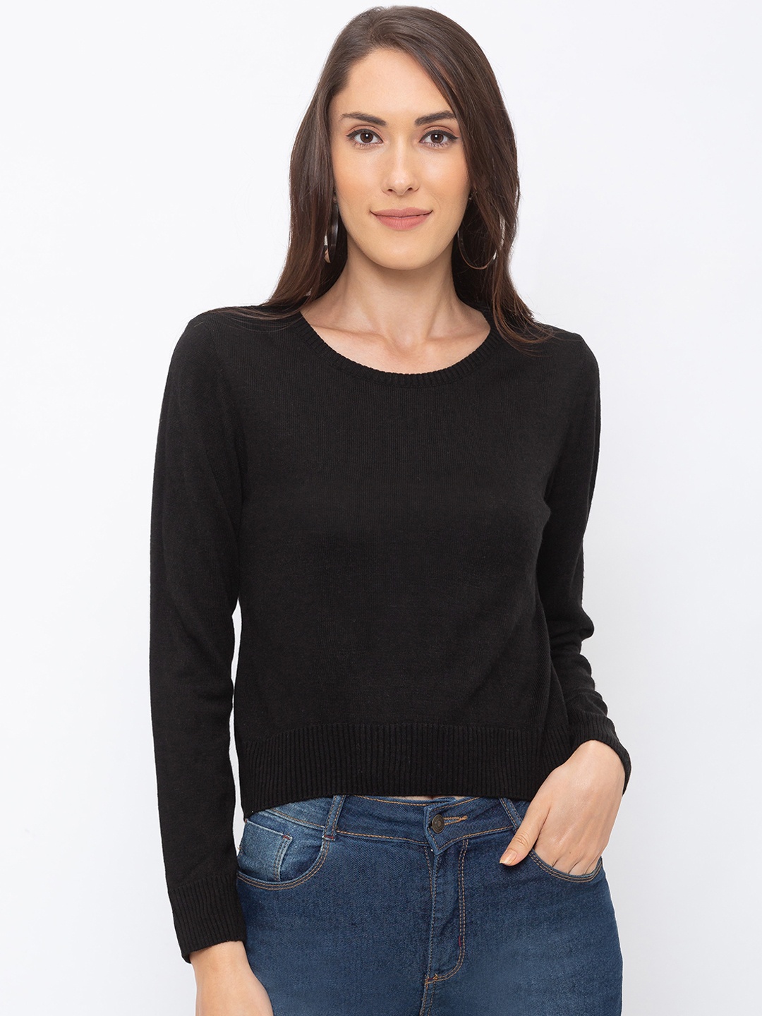 Globus Women Black Solid Crop Pure Cotton Top