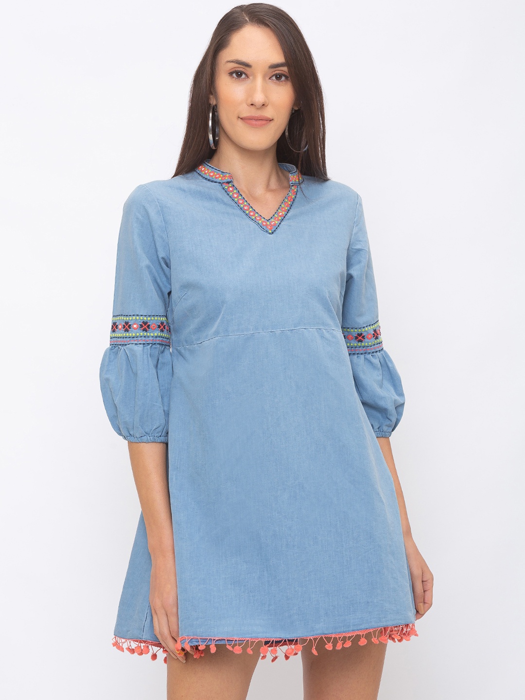 Globus Women Blue Embroidered A-Line Dress