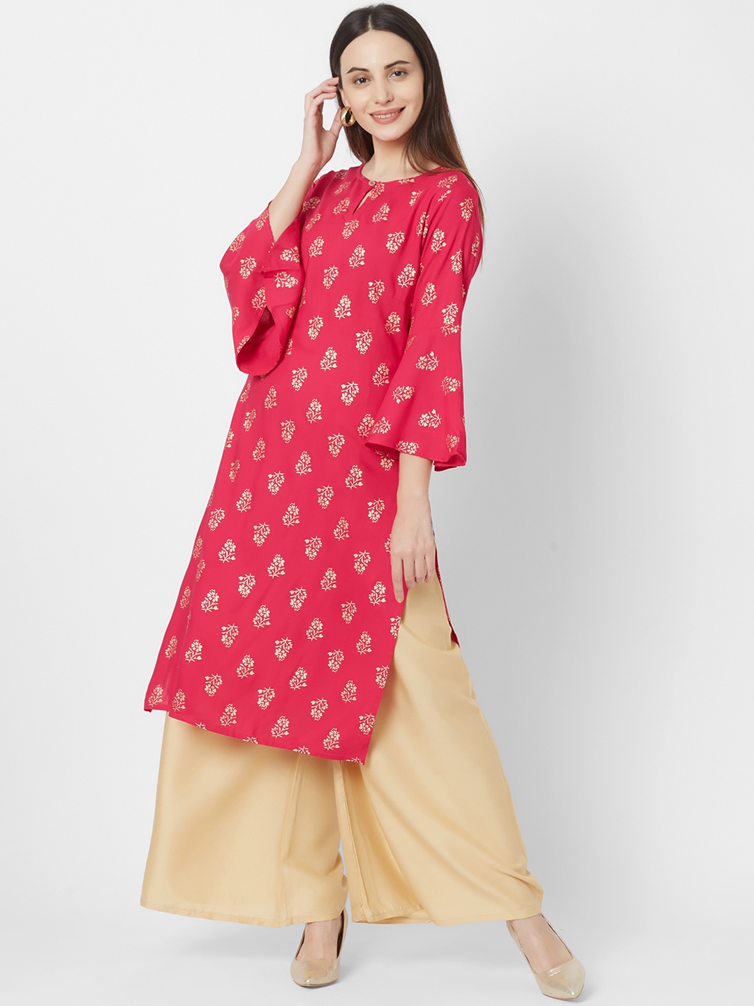 Vedic Women Red & Gold Floral Print Straight Kurta